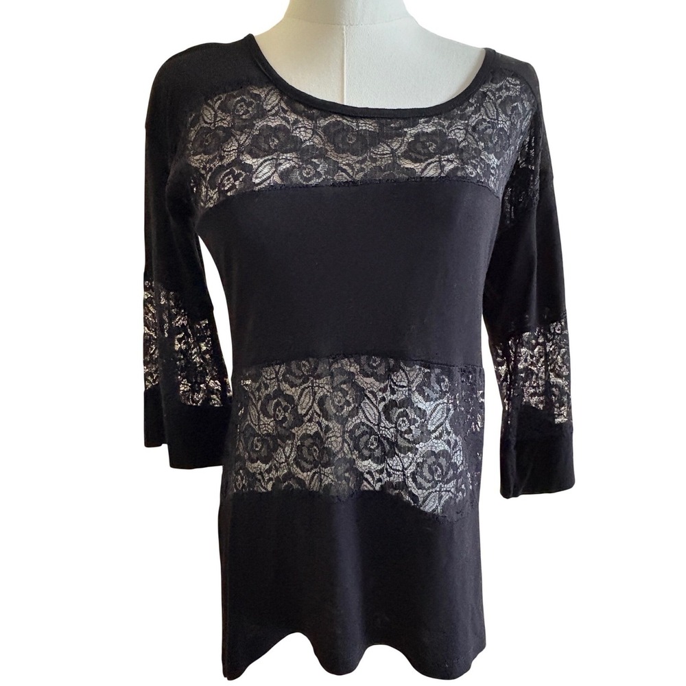 Coolwear Black Lace Panel Tunic Top 3/4‎ Sleeve Sheer Detail Size S Stretch
